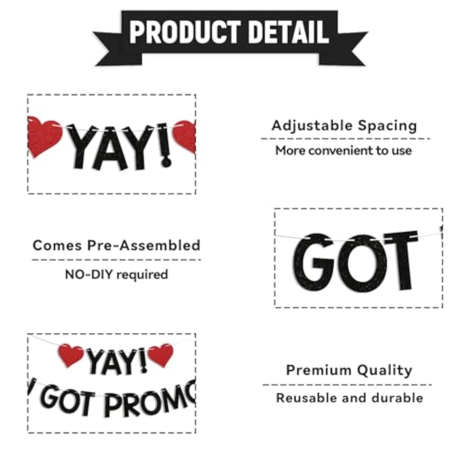 Yay! You Got Promoted Banner - Congrats On Your Promotion Decor, Congratulations, Job Promotion Party Decorations Black Glitter