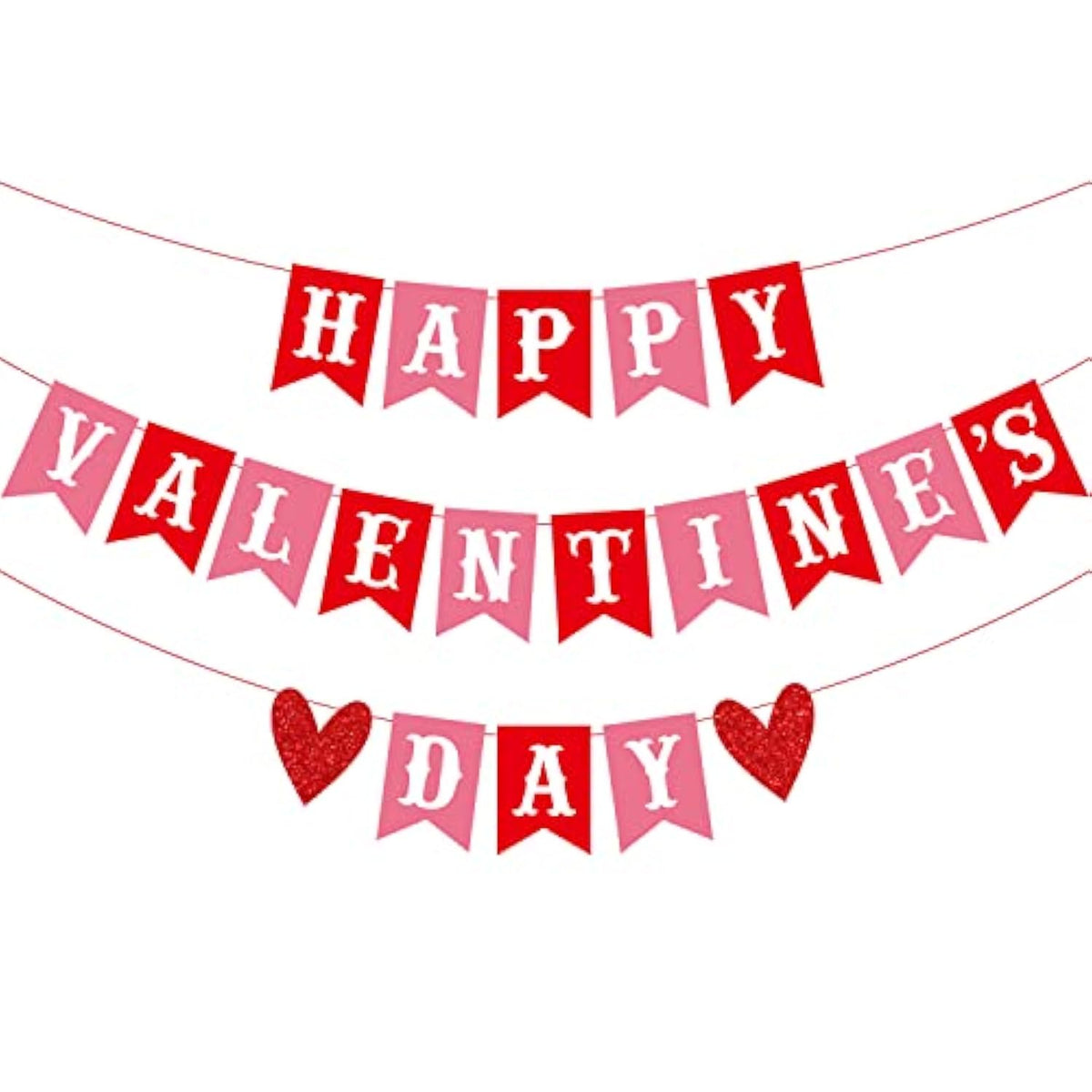 Happy Valentine'S Day Banner Red Pink Valentine'S Day Bunting Banner With Glitter Heart Signs Valentines Day Paper Garland For Home Wall Valentines Party Decorations Supplies