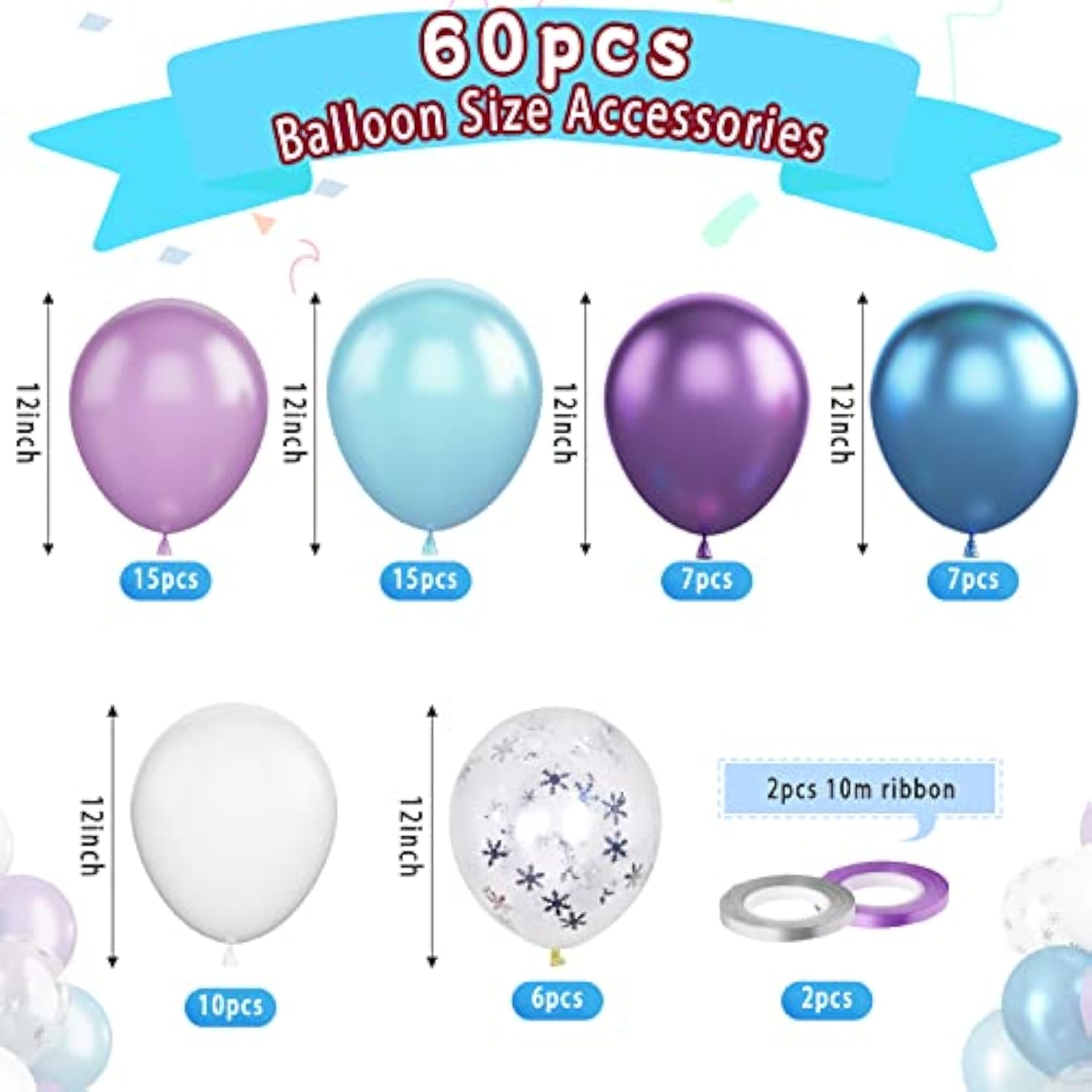 60Pcs Frozen Theme Balloons – 12" Purple, Blue, White & Snow Confetti for Winter Parties