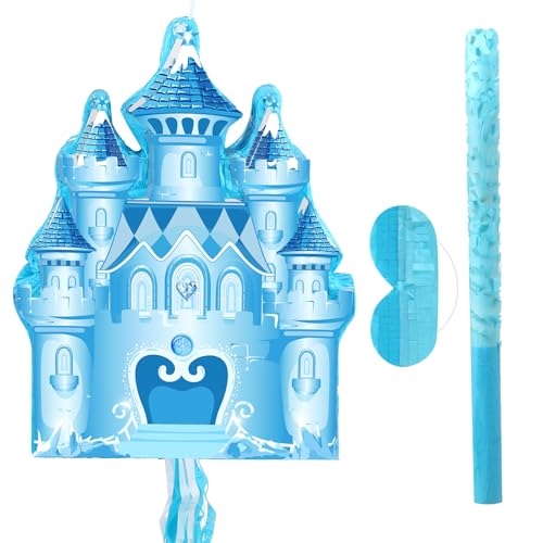 Winter Piñata Wonderland Themed Piñata with Blindfold Bat for Winter Princess Birthday Party Christmas Theme Supplies Decorations(Blue,Castle)