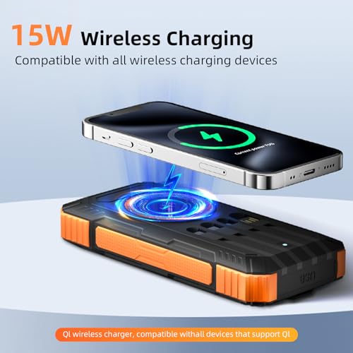 Solar Charger Power Bank 49800mAh Wireless Portable Phone Charger, 22.5W QC3.0 Fast Charging Built in 4 Cables with USB C 6 Outputs & 2 Inputs for