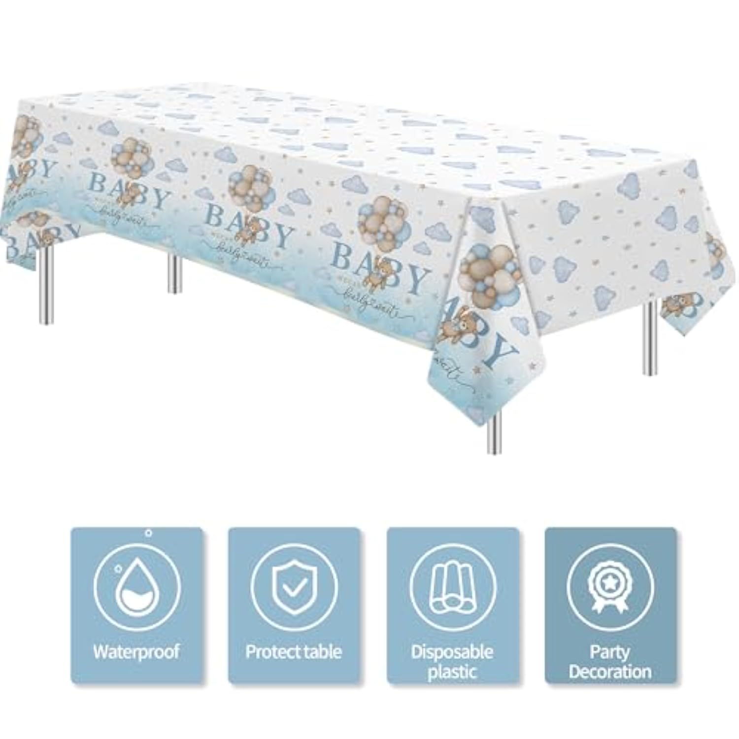 3-Pack Blue Bear Baby Shower Tablecloths – “We Can Bearly Wait” Party Covers