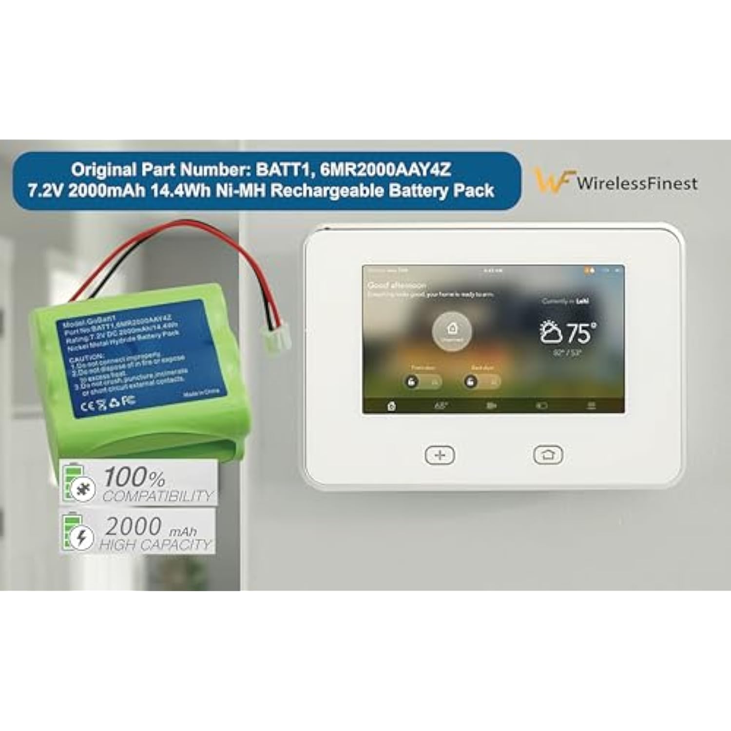 2000Mah Backup Battery Replacement For 2Gig Batt1, Batt1X, Batt2X, 6Mr2000Aay4Z, Gc2 2Gig-Cntrl2 2Gig-Cp2, Gckit311, 228844, Go Control Security Panel Alarm System 10-000013-001, Linear Pers-4200