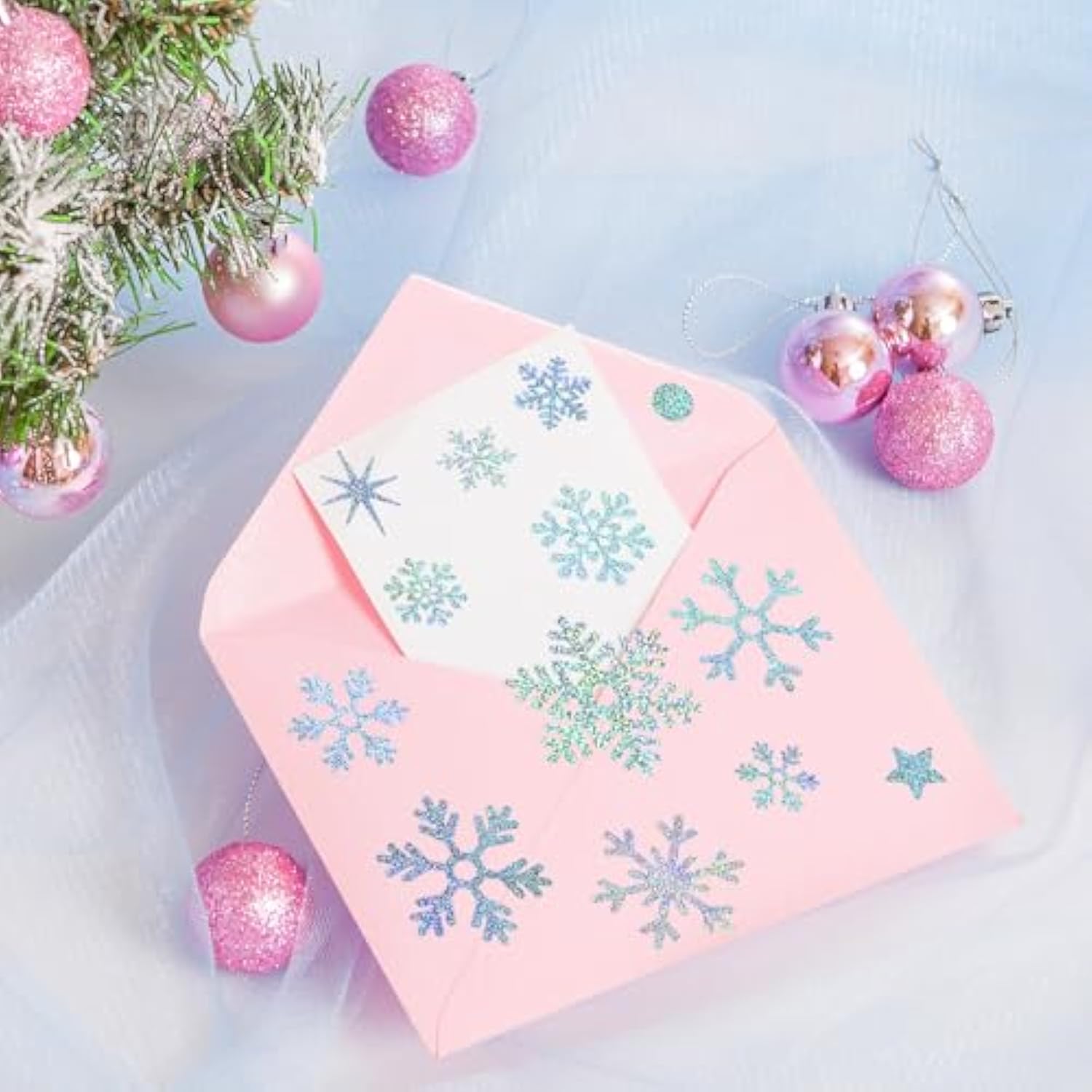 Christmas Envelope Seal Snowflake Sticker Glitter Xmas Winter Label Snowflake Dot Stickers Decals For Card Box Home Crafts Decoration (Silver, 20 Sheets)