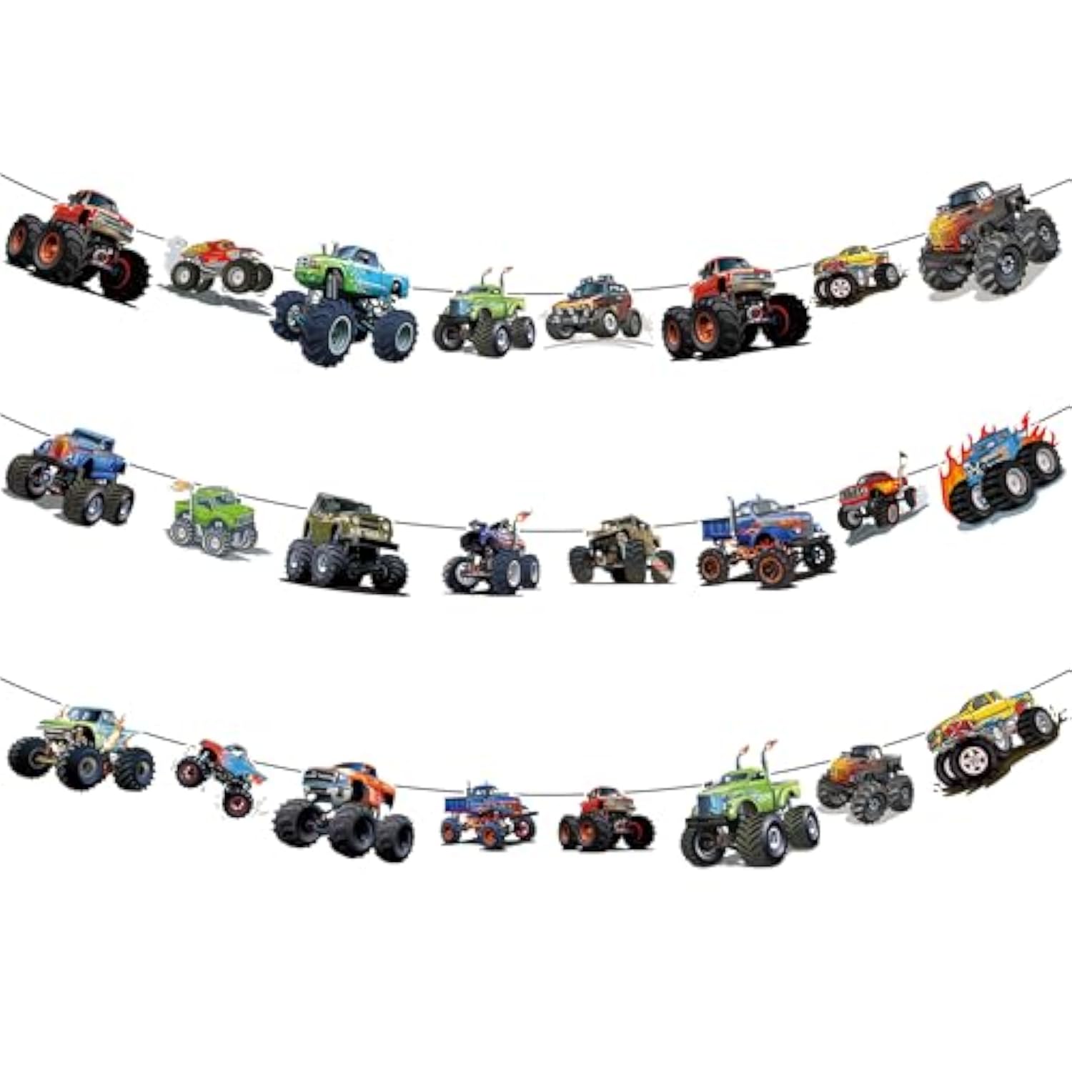 Monsters Trucks Banner Bunting Garlands – Pre-Assembled Trucks Off-Road Vehicles Theme Party Supplies | Truck & Cars Decorations For Monster Truck Theme Party, Kids’ Birthdays, Baby Showers, Playdates