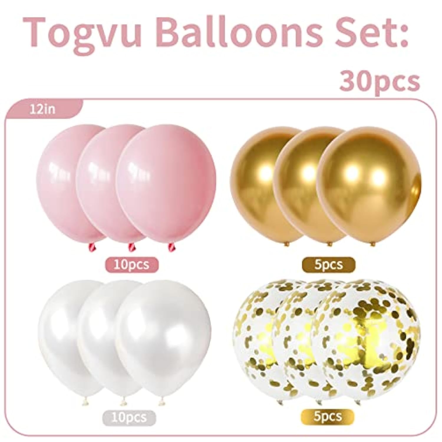 Pink White Gold Balloons 12" — Pastel & Confetti Set for Girls’ Party Decor