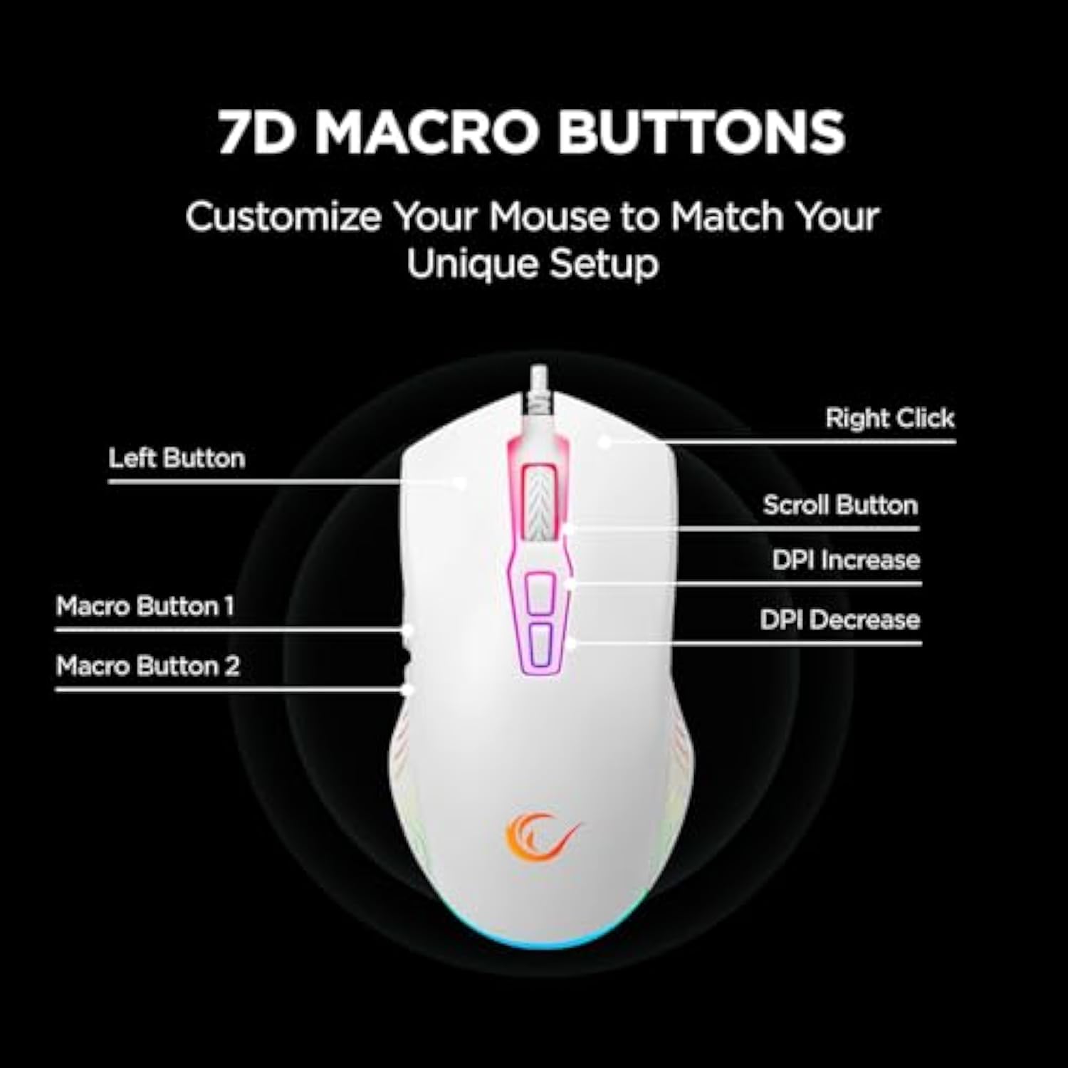 Rampage Spear V2 White Wired Gaming Mouse With Rgb Lighting – 12800 Dpi, 7 Programmable Buttons, Lightweight Ergonomic Gaming Mouse For Pc/Mac/Laptop Gamers
