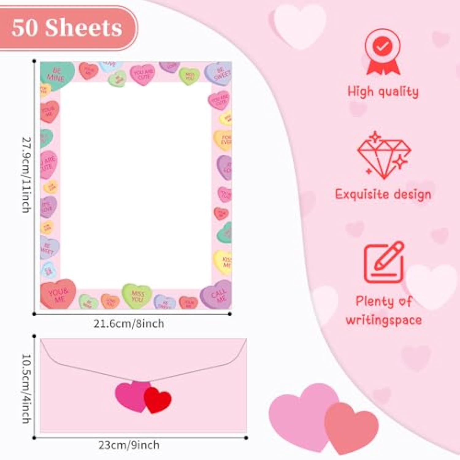 50 Pack Valentine'S Day Letterhead With Envelopes Love Heart Border Computer Stationery Paper For Note Letters To Valentines Wedding Anniversary Holiday Printer Paper Invitation Office School 8.5X11In