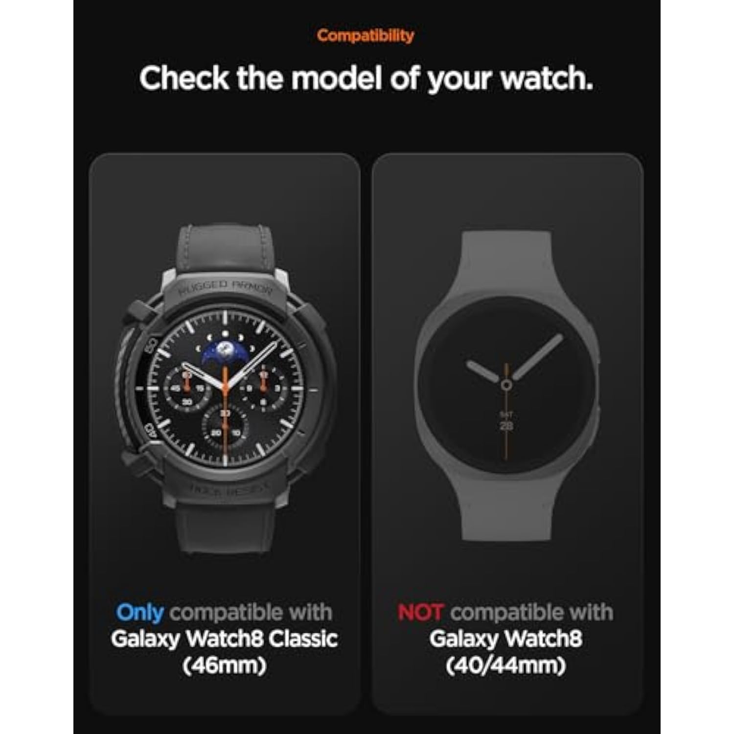 Spigen Rugged Armor Designed for Samsung Galaxy Watch 8 Classic 46mm Case Durable TPU Cover (2025) - Matte Black