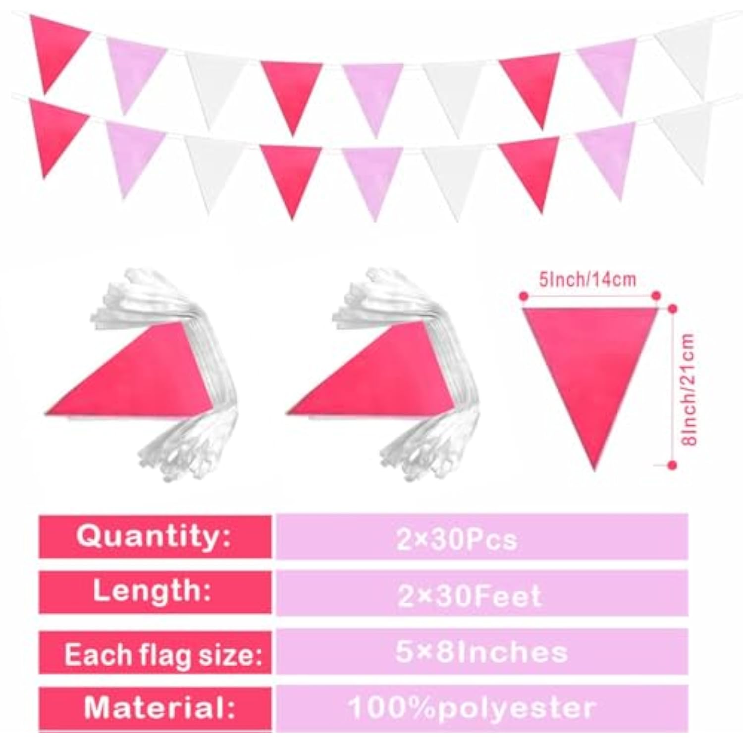 2 Pack Rose Red Pink White Pennant Banner Flags String Triangle Bunting Flag For Grand Opening Wedding Kids Birthday Baby Shower Outdoor Garden Hanging Decorations 60 Feet 60 Pcs