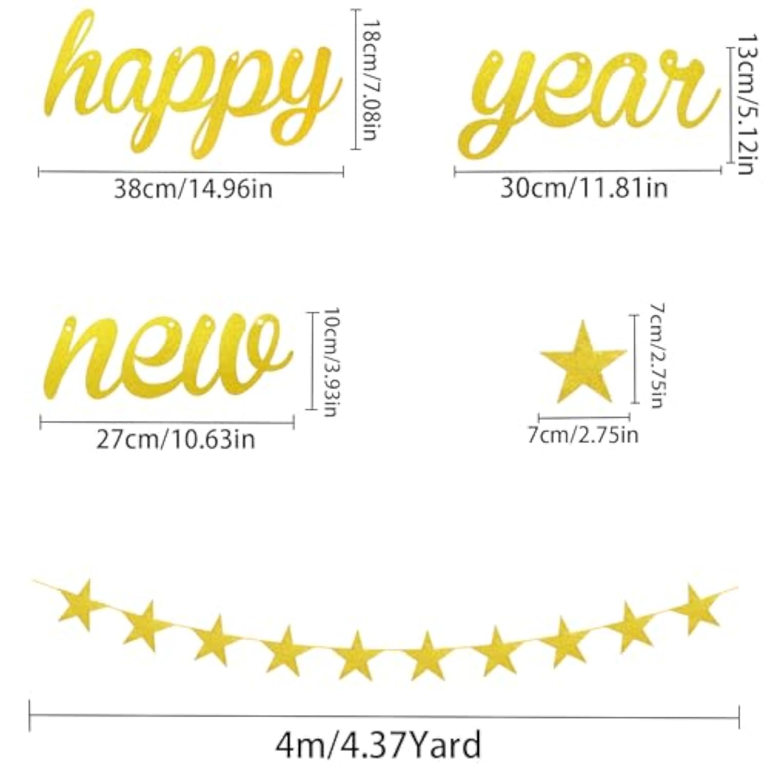 Glitter Gold Happy New Year Banner Alphabet Garland for NYE Party Supplies