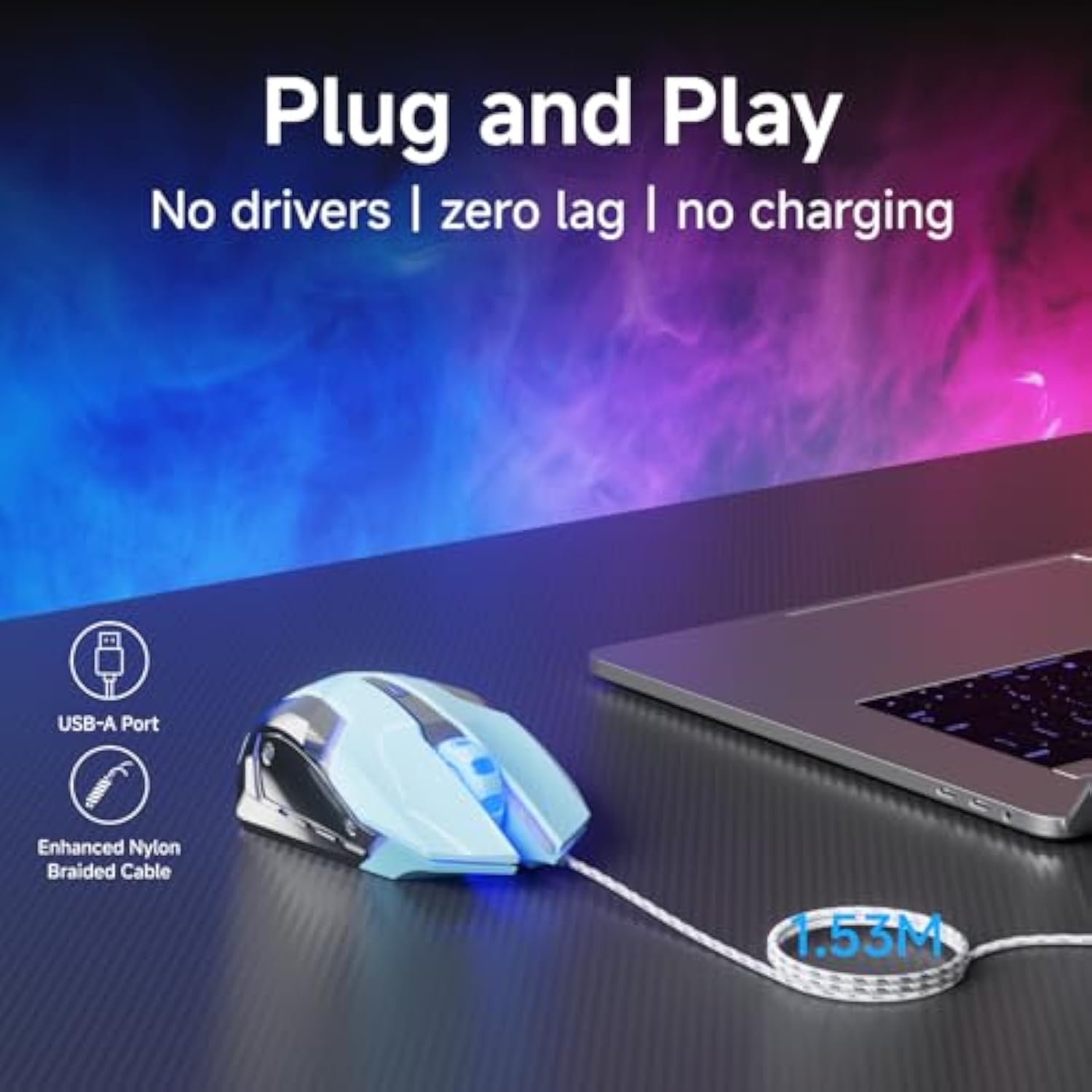 Eweadn G3 Wired Gaming Mouse, 2400 Dpi Wired Optical Mouse With 6 Programmable Macro Buttons, Metal Base, 4-Color Breathing Light For Pc/Laptop/Windows-Blue