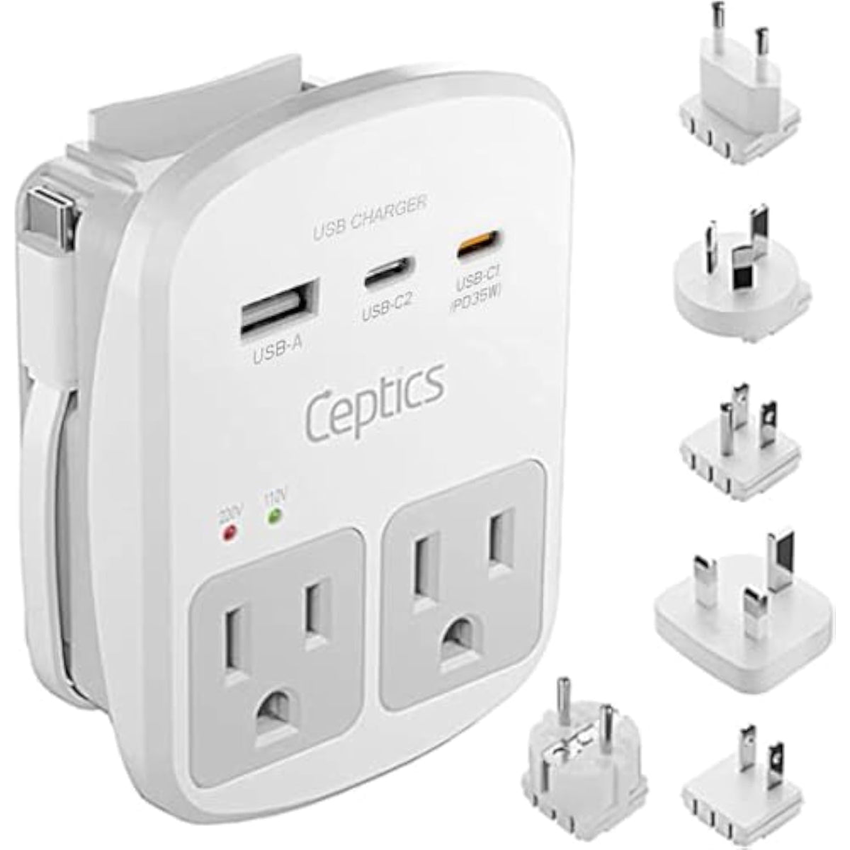 Ceptics Universal Travel Adapter Kit - 2 USB, USB-C Cord+2 US Outlets QC 3.0, Surge Protection, Plugs for Europe, UK, China, Australia, Japan - Perfect for Laptop, Cell Phones, Cameras,Safe ETL Tested