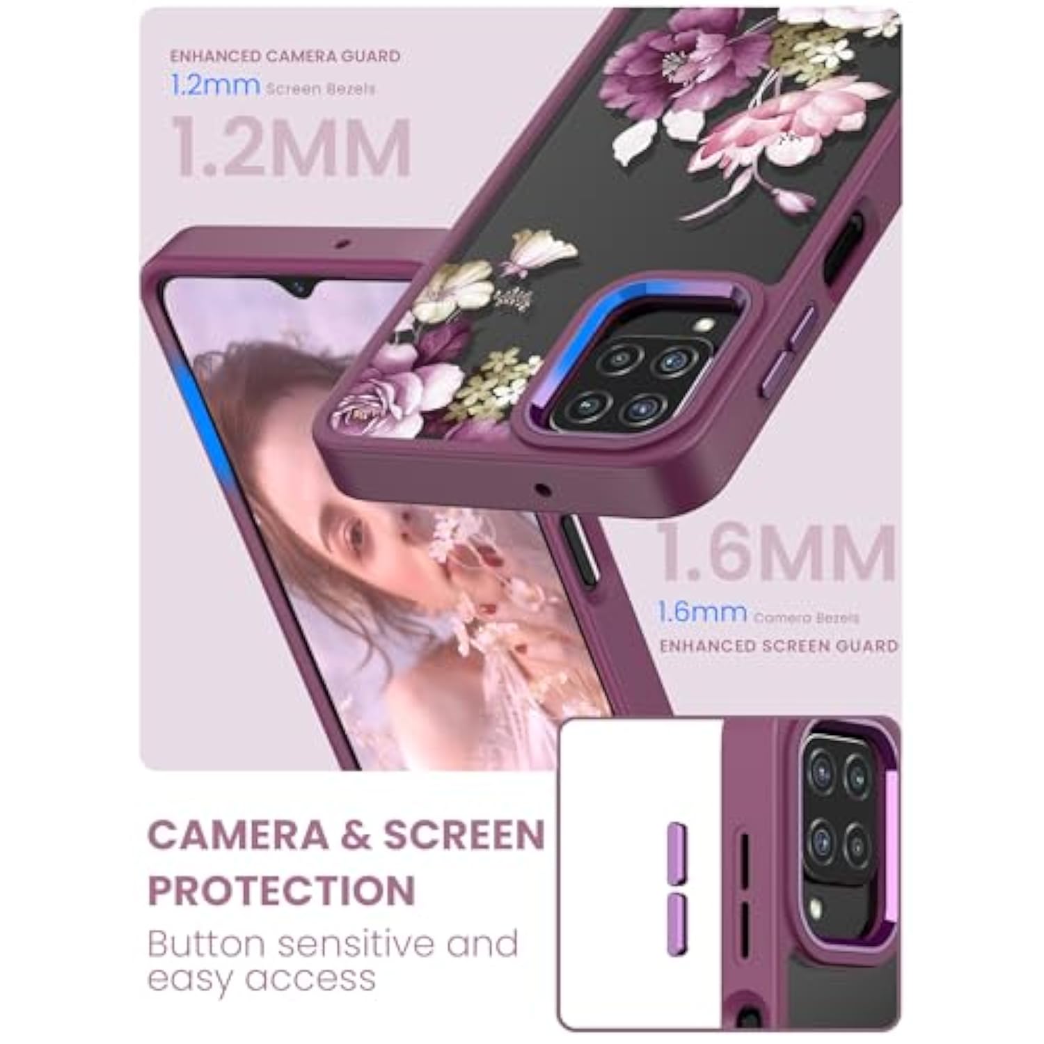 For Samsung Galaxy A12 5G Case, With Tempered Glass Screen Protector, Military Grade Drop Tested Hard Back & Soft Edge Slim Flower Women Girls Protective Cover For A12 (Purple)
