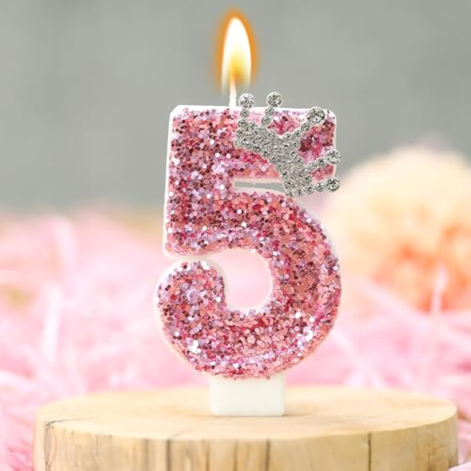 Birthday Number Candles,Pink Crown Birthday Candles For Cake,Glitter Number 5 Candle Cake Topper With Sequins For Girls,Women, Anniversary Celebrations Supplies (Pink 5)