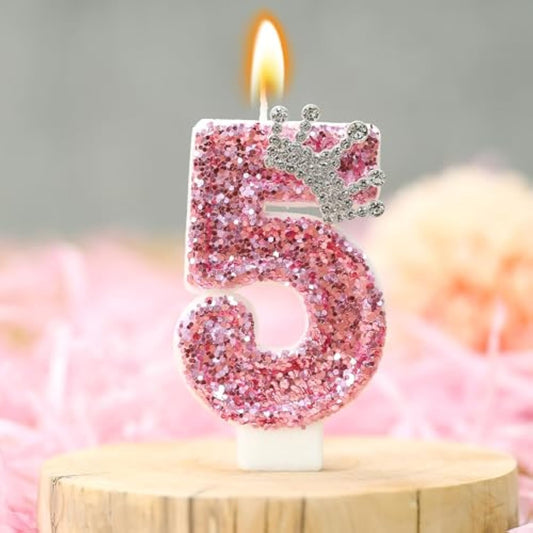 Birthday Number Candles,Pink Crown Birthday Candles For Cake,Glitter Number 5 Candle Cake Topper With Sequins For Girls,Women, Anniversary Celebrations Supplies (Pink 5)