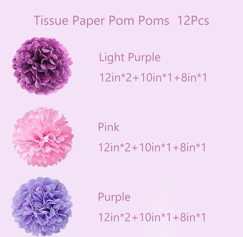 Tissue Paper Pom Poms 12 Pcs Pink Lavender Flower Balls Party Decor