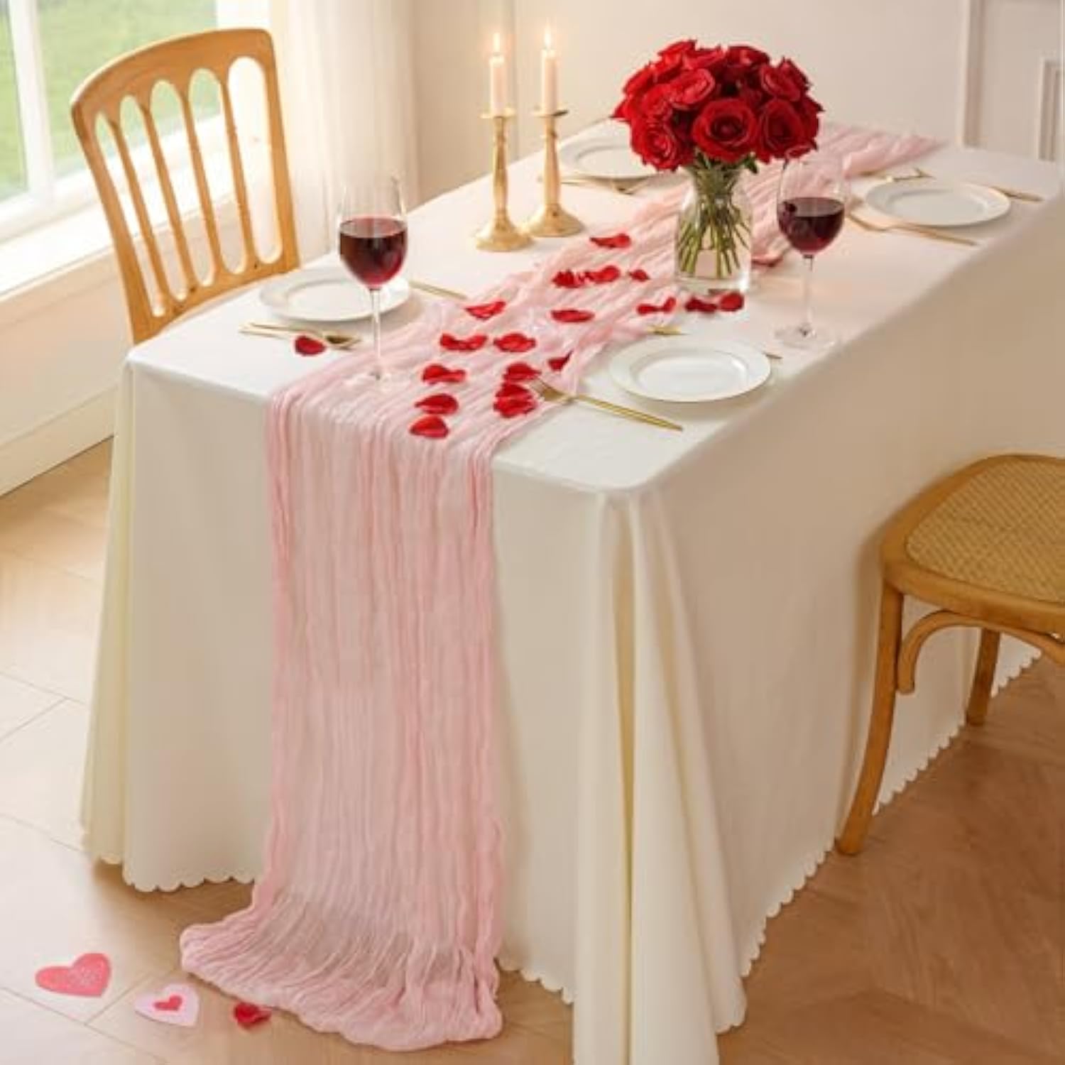 Light Pink Cheesecloth Table Runner 120” X 35”, Soft Gauze Boho Wedding Valentines Table Decor For 10Ft Table, Romantic Party, Baby Shower, Bridal Shower, Home & Event Decor