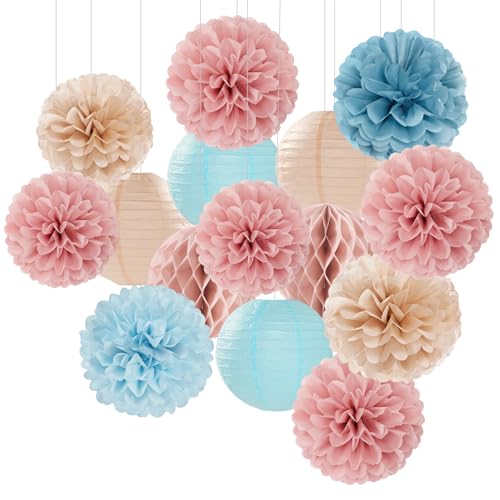 Dusty-Blue Pink Party-Decorations Paper Lanterns - 15pc Gender Reveal Tissue Pom Poms Streamers,Birthday Bachelorette Bridal Baby Shower Engagement Wedding Decor