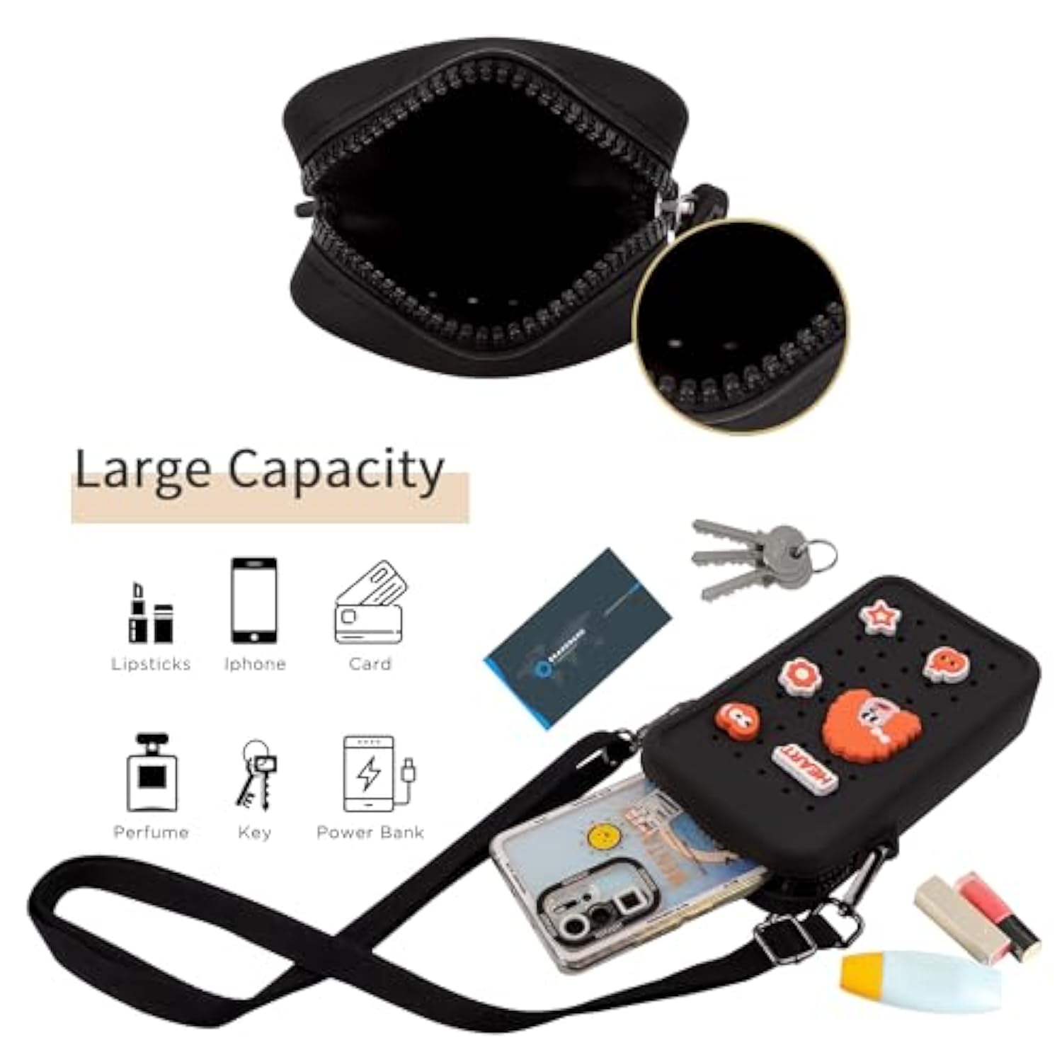 Candy Small Crossbody Bag For Women With Customizable Charm Holes, Compact & Durable With Adjustable Strap, Perfect For Everyday Use (Black)