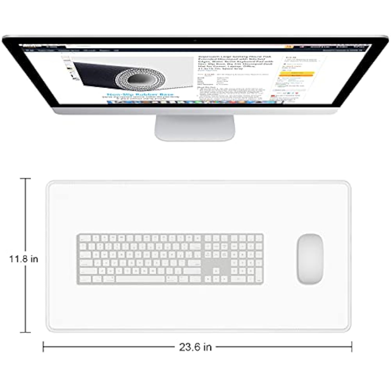 Large Mouse Pad, Extended Gaming Mouse Mat With Stitched Edges, Waterproof Full Size Desk Mats With Nonslip Base, Computer Big Desktop Keyboard Pad For Laptop, Office, 23.6 X 11.8 In, White