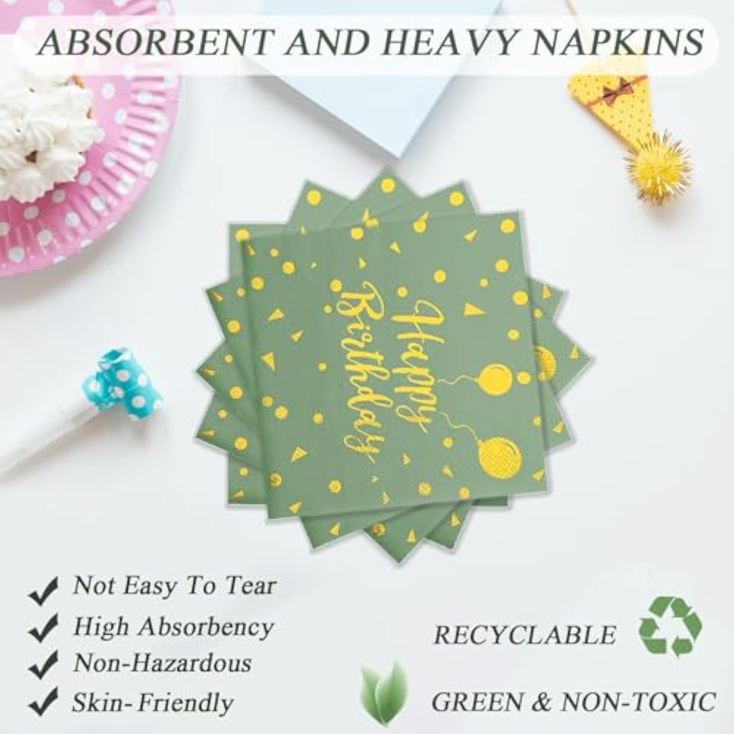 72Pcs Happy Birthday Paper Plates - Sage Green And Gold Tableware Set Include 7Inch Paper Plates 6.5 Inch Napkins And 6.3 Inch Forks Disposable Decoration Supplies For Birthday Party,Serve 24