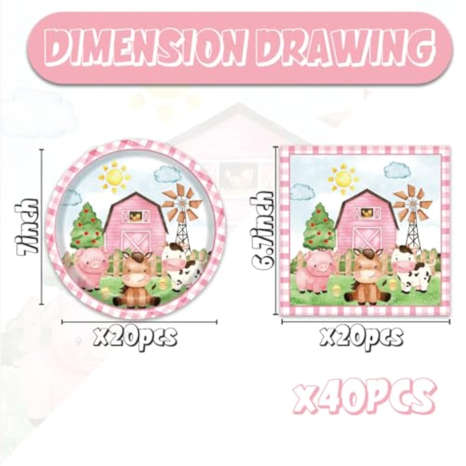 40pcs Pink Farm Party Supplies 20 Plates 20 Napkins Animal Party Decor