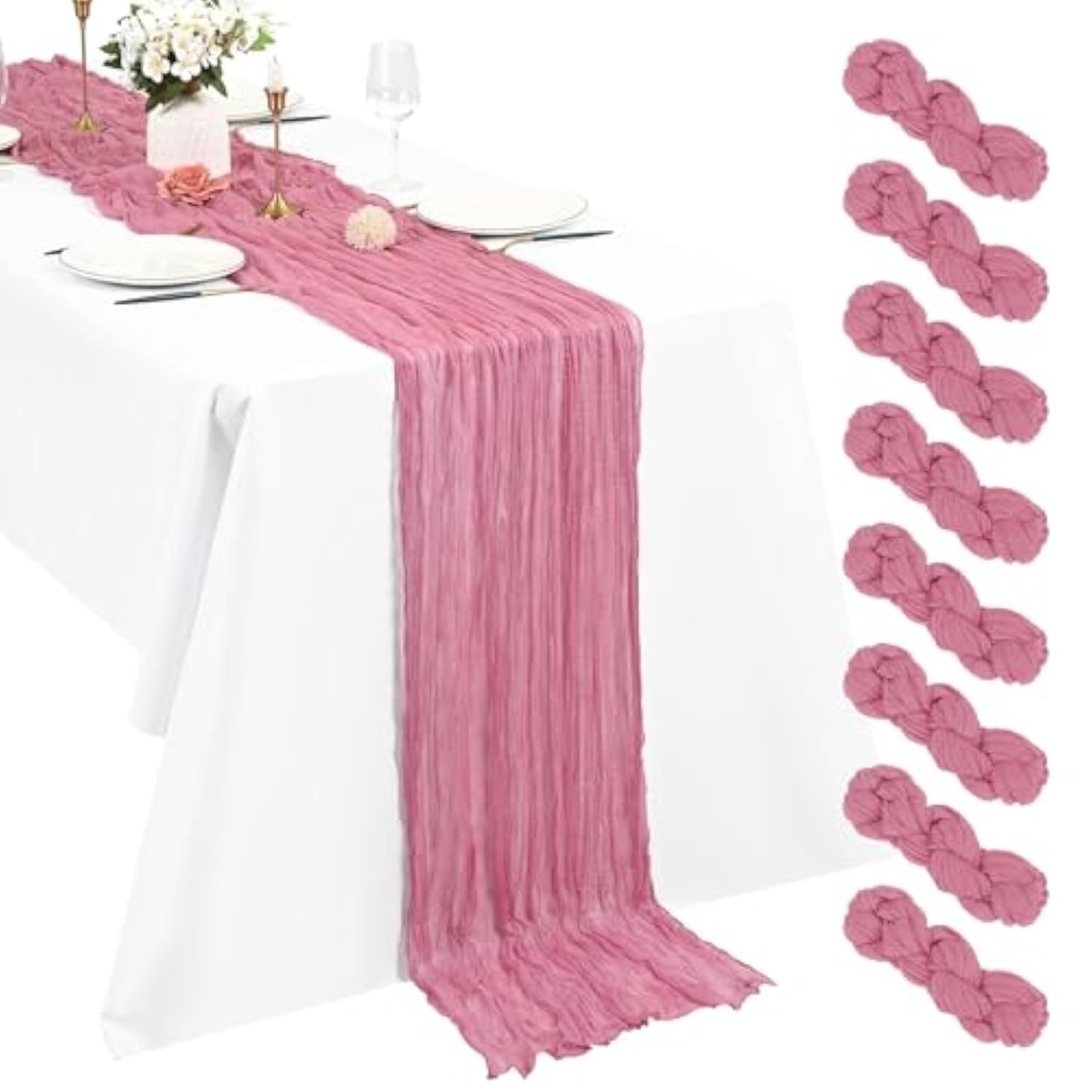 8 Pack Cheesecloth Table Runner, 10Ft Boho Gauze Table Runner 35×120 Inch Rustic Romantic Long Table Runner For Wedding Party Bridal Shower Thanksgiving Christmas Decoration(Dusty Rose)