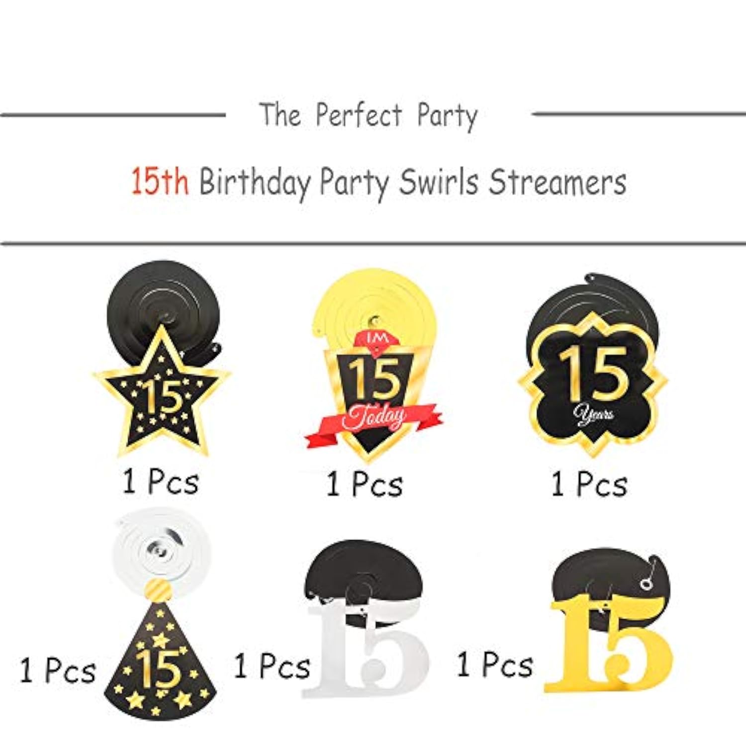 Happy 15th Birthday Decorations 12pcs Black Gold Foil Swirls Streamers