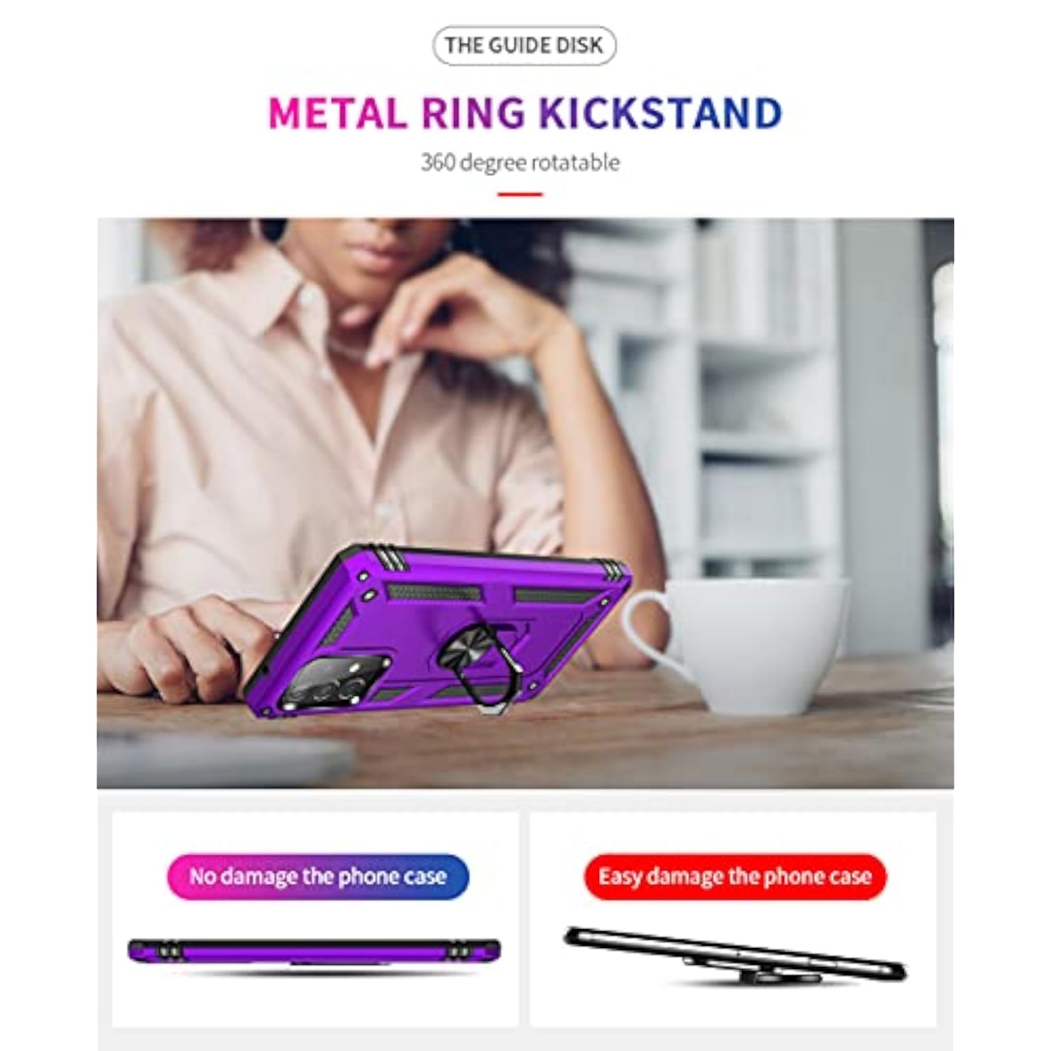 Samsung A52 Case with HD Screen Protector, Military-Grade Ring Holder Kickstand Car Mount, Shockproof Cover for Samsung Galaxy A52, Purple