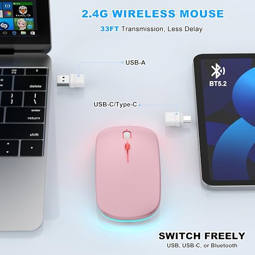 Led Bluetooth Wireless Mouse For Macbook Air Mac Pro Laptop Ipad Rechargeable Silent Light-Up Optical Mouse With Jiggler Dual Mode Bt5.2 & Usb-A/Usb-C For Students, Kids, Girls, Boys Rose Gold