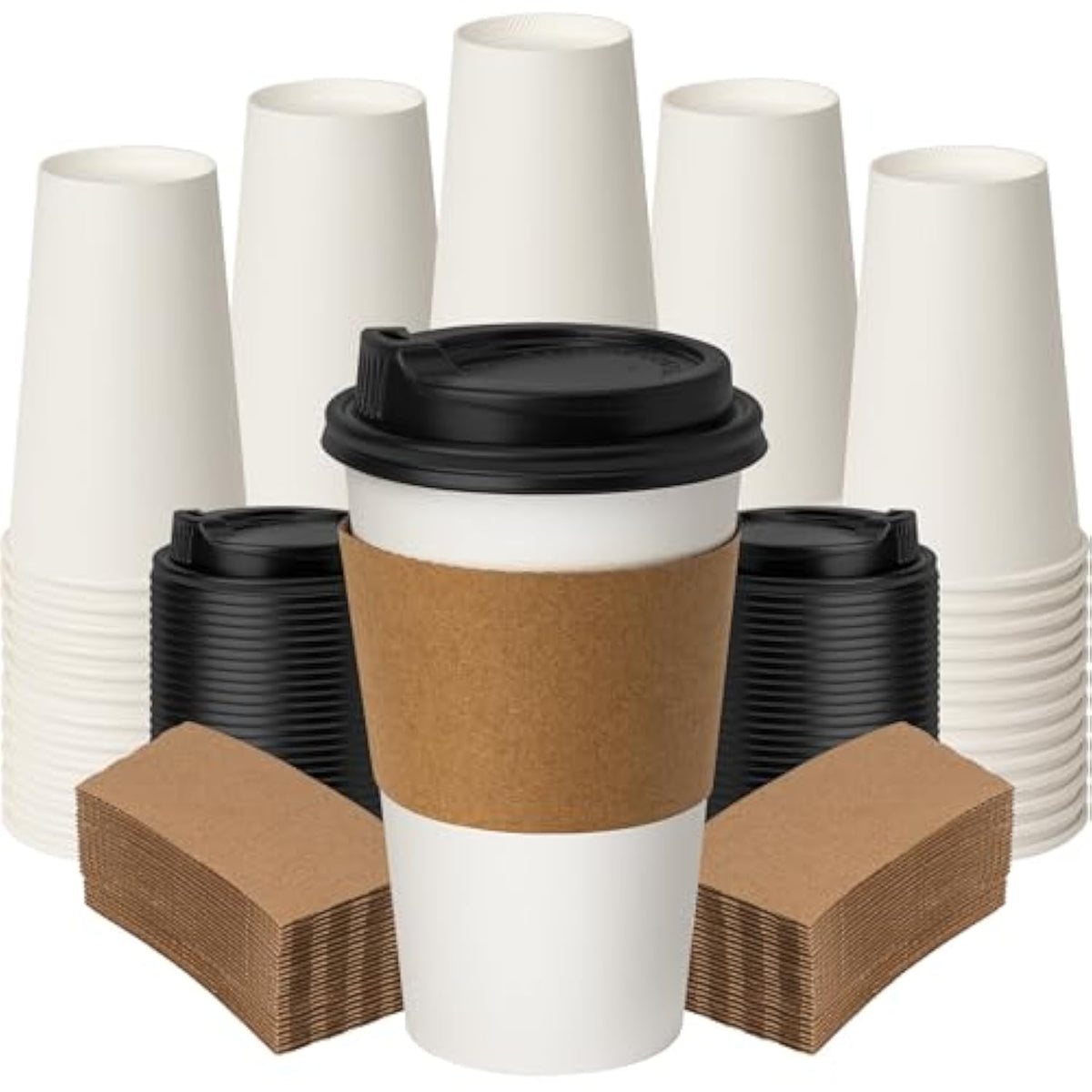 16oz Disposable Coffee Cups with Lids Sleeves 100 Pack Leak-Proof White Cups
