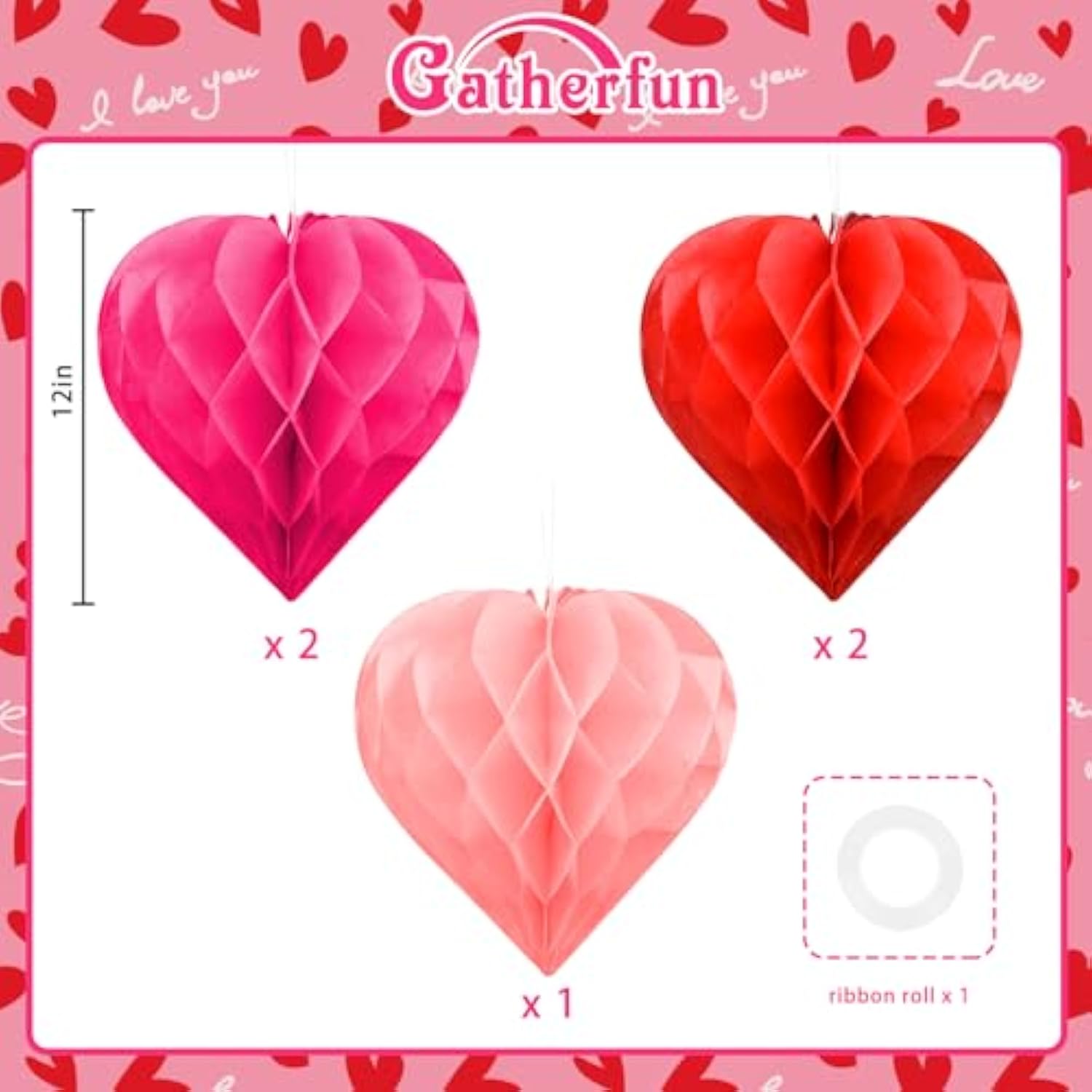Valentine'S Day Party Decoration Set - 5 Pack 12In Heart Honeycomb & Ball Tissue Paper Pom Poms In Red, Love-Inspired Honeycomb Hearts Ideal For Wedding & Classroom Decorations