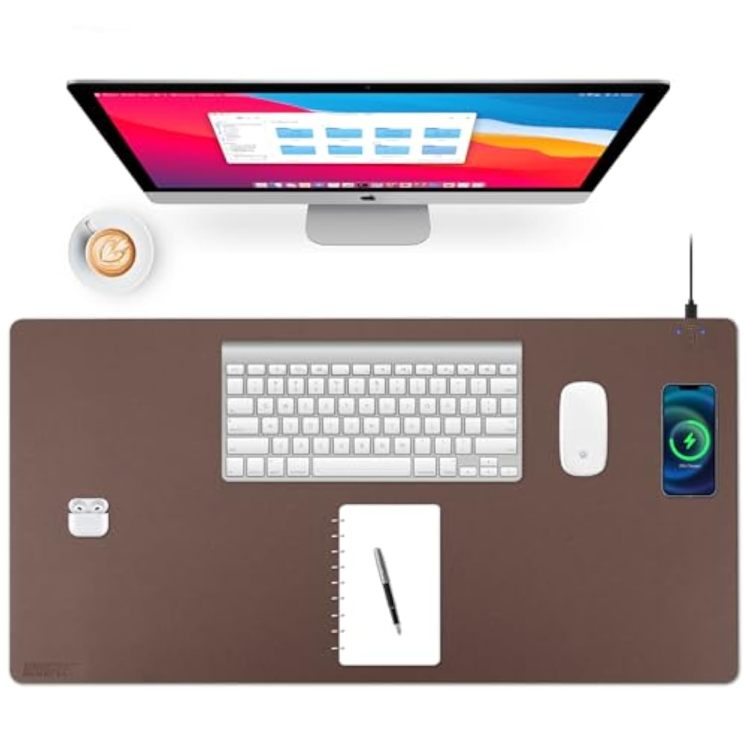 Wireless Charging Desk Mat With Desk Pad For Desktop Charging Large Mouse Pad Waterproof Leather Computer Mat Mouse Pad Non-Slip Protector On Top Of Desks For Keyboard And Mouse (Brown-R, 36*17Inch)