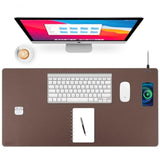 Wireless Charging Desk Mat With Desk Pad For Desktop Charging Large Mouse Pad Waterproof Leather Computer Mat Mouse Pad Non-Slip Protector On Top Of Desks For Keyboard And Mouse (Brown-R, 36*17Inch)