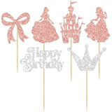 24Pcs Frozen Princess Cupcake Toppers Glitter Castle Bowknot Happy Birthday Cake Topper Decorations For Princess Happy Birthday Baby Shower New Year Party Supplies Rose Gold Silver