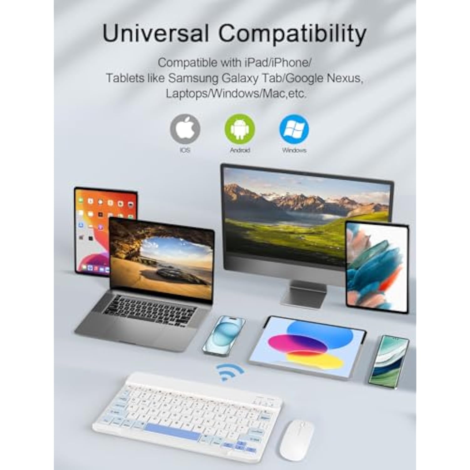 Bluetooth Keyboard And Mouse Combo For Ipad Pro/Air/Mini, Ultra-Slim Rechargeable Wireless Keyboard And Mouse For Iphone 15/14/13 Pro/Samsung/Tablet/Pc/Laptop/Ios/Windows/Android, White+Blue