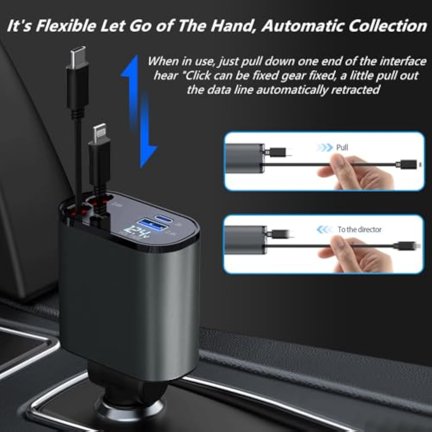 Retractable Car Charger, 4 In 1 Fast Cell Phone Automobile Chargers, With 2.7Ft Retractable Cables And 2 Usb Ports, Compatible With Iphone15/14/13 Pro Max, Galaxy S23/ S22 Phones Charging