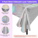 Iridescent Tablecloth Party Decorations 4 Pack, 54" X 108" Plastic Tablecloths Disposable For Birthday Disco, Silver Laser Rectangle Table Covers For Bachelorette Bridal Wedding Decor