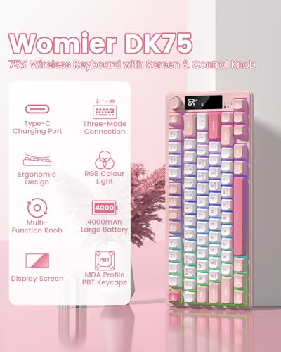 Womier Dk75 75% Wireless Gaming Keyboard, Rgb Backlit Creamy Keyboard With Multifunction Knob & Screen, Tri-Mode 2.4Ghz/Usb-C/Bt5.0, Anti-Ghosting No-Conflict Silent Membrane Keyboard For Mac Windows