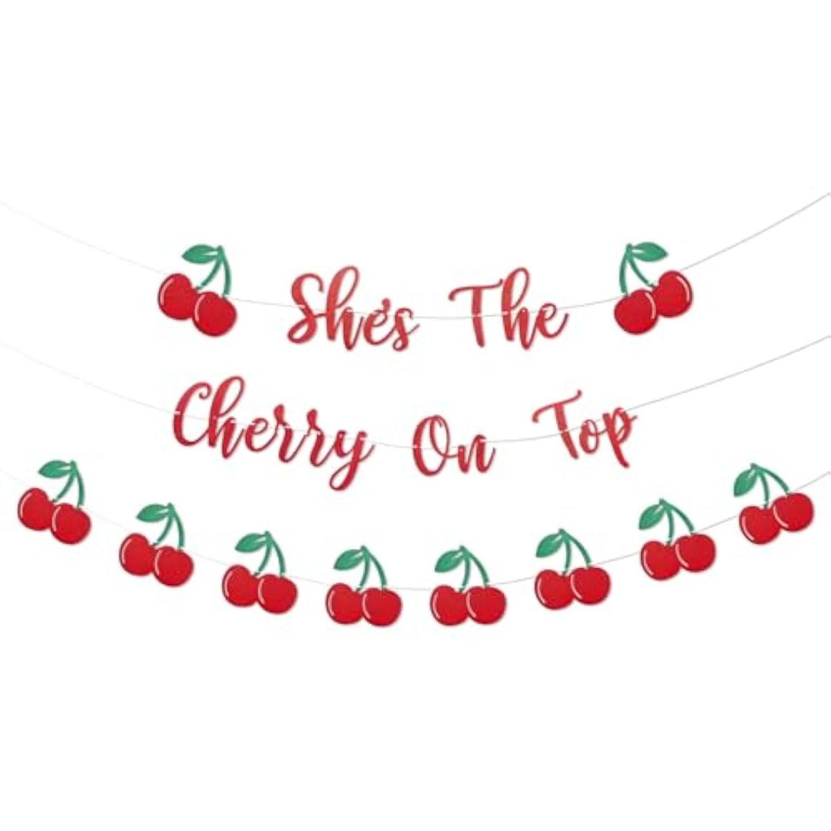 She’S The Cherry On Top Banner – Pre-Strung Red Glitter Cherry Birthday Banner With Bonus Cherry Garland For Girls’ First Birthday, Fruit Theme Party, Summer Picnic, And Baby Shower Decorations