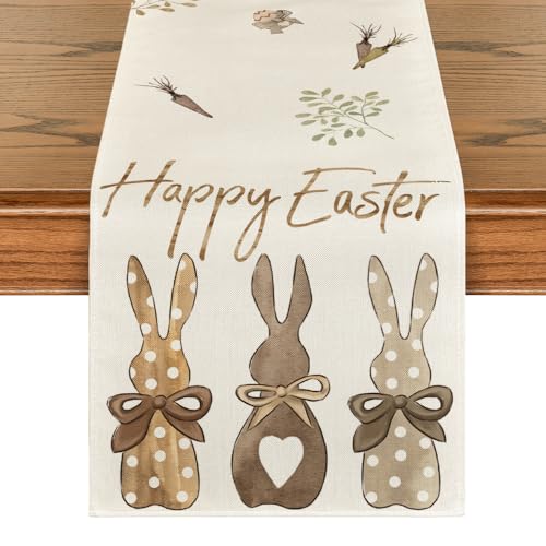 Carrots Rabbit Bunny Happy Easter Table Runner, Spring Summer Seasonal Holiday Kitchen Dining Table Decoration for Indoor Outdoor Home Party Decor 13 x 72 Inch