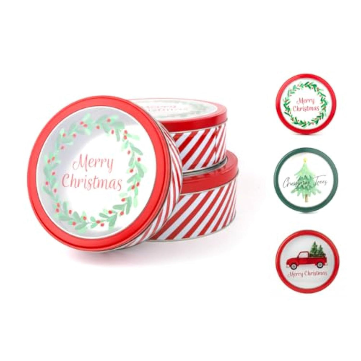 Christmas Holiday Cookie Tin Containers With Window, 3Pc Nested Set, Holiday Cookie Tins With Lid For Gift Giving, Cookie, Treats, Cookies Party Favor And Gifts (Merry Christmas, Round Shape)