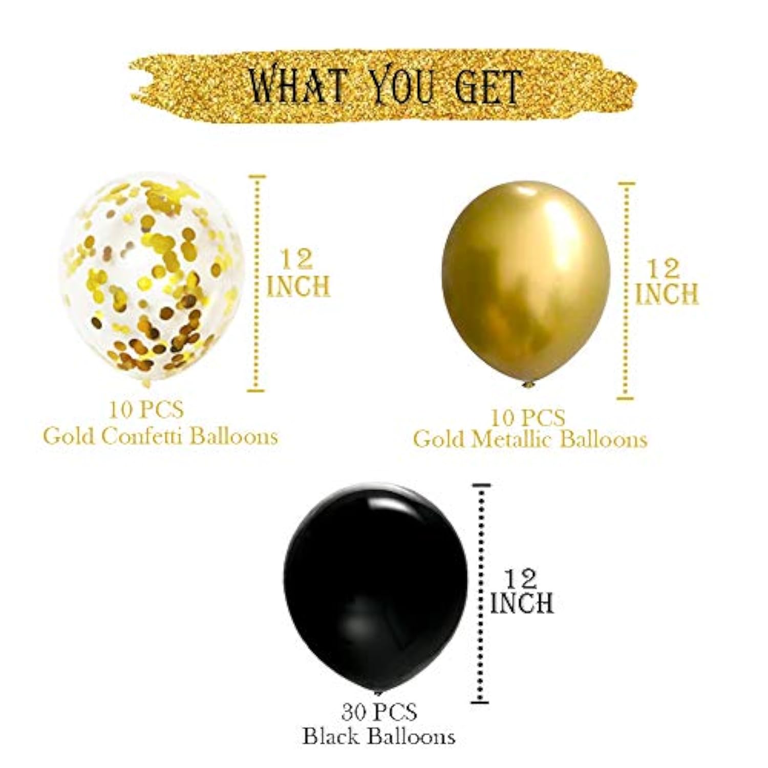 50 Pcs 12 Inches Black And Gold Balloons, Gold Confetti Balloons, Gold Metallic Balloon, Hollywood, Birthday Party Decorations, Graduation Balloon Garland Arch Kit, New Years Eve Decorations