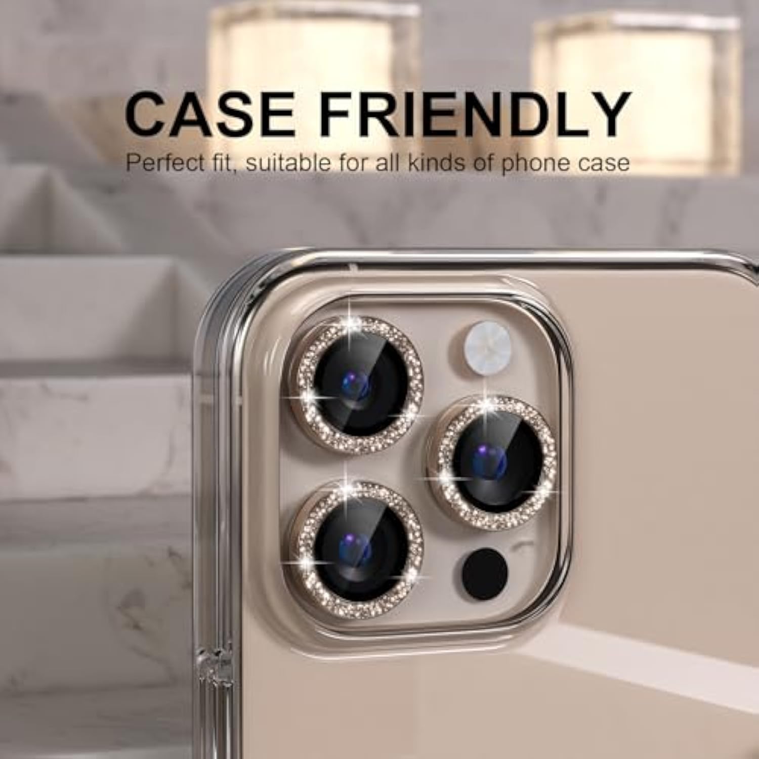 iPhone 16 Pro/Pro Max Camera Lens Protector, 9H Tempered Glass, Glitter Titanium