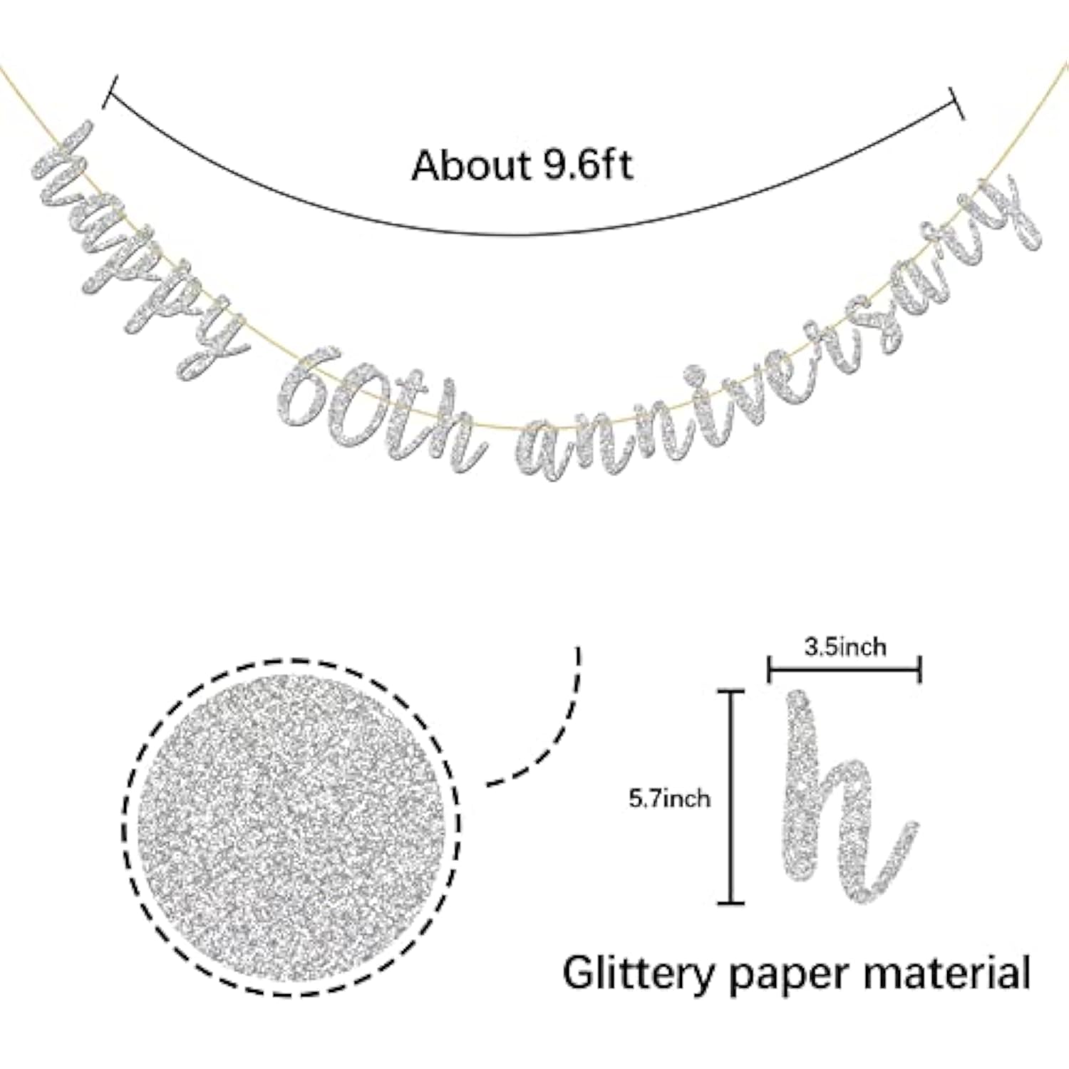 Glitter Silver Happy 60Th Anniversary Banner - Sixty Sign - Birthday And Wedding Party Bunting Decoration