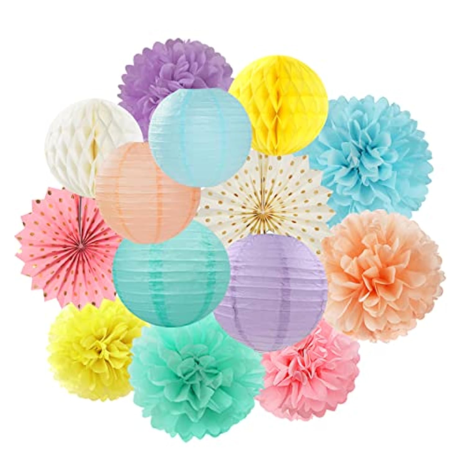 Pastel Rainbow Party Decorations Streamers - 14Pcs Boy Girl Kids Birthday Supplies,Pink Yellow Blue Paper Lanterns Fan,Tissue Pom Poms,Honeycomb Balls, Baby Shower Wedding Decor