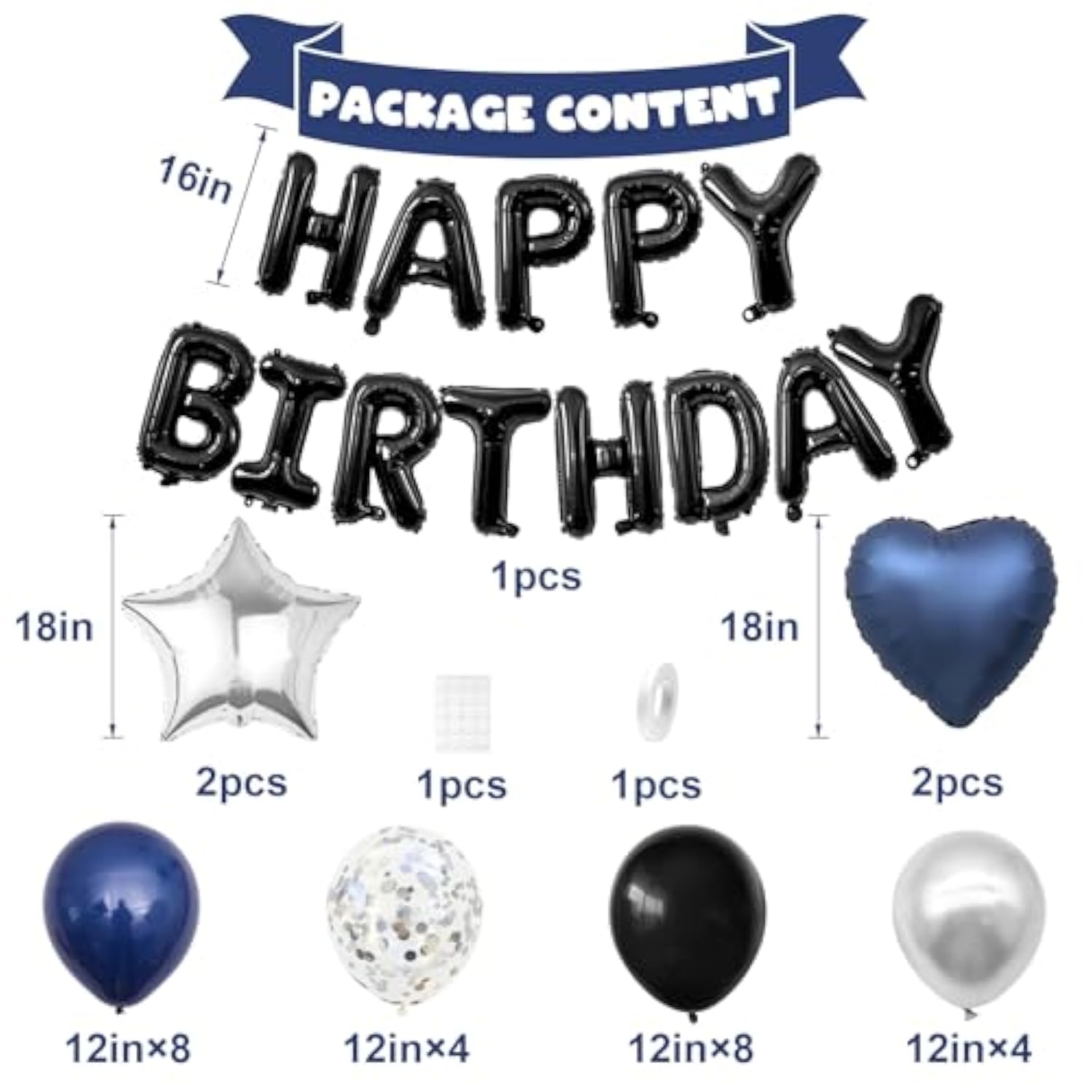 Navy Blue And Black Birthday Decorations For Men,Blue Black White Balloons Happy Birthdays Balloon Banner Silver Confetti Balloons For Men Boy Girls Women Adults Birthday Party Decorations