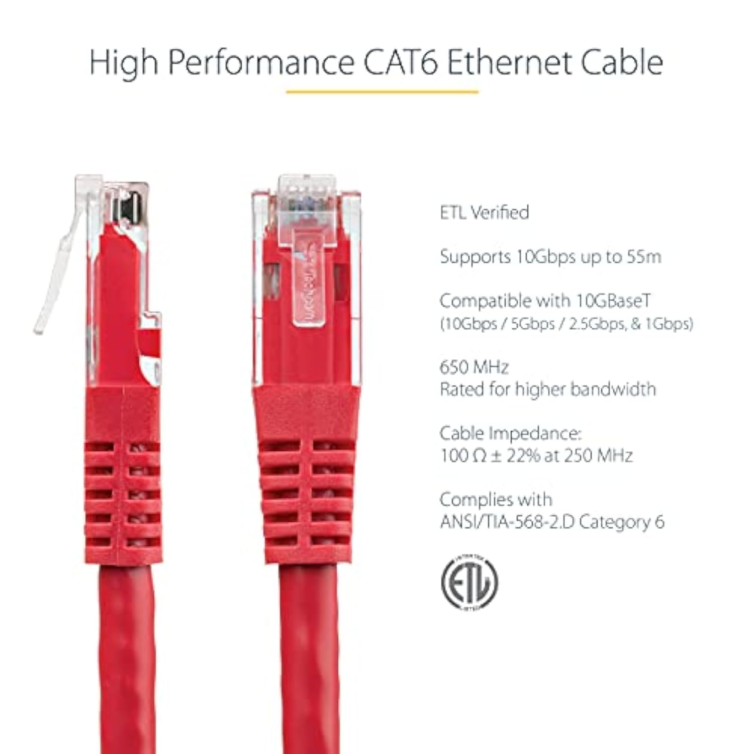 6Ft Cat6 Ethernet Cable - Red Cat 6 Gigabit Ethernet Wire -650Mhz 100W Poe++ R