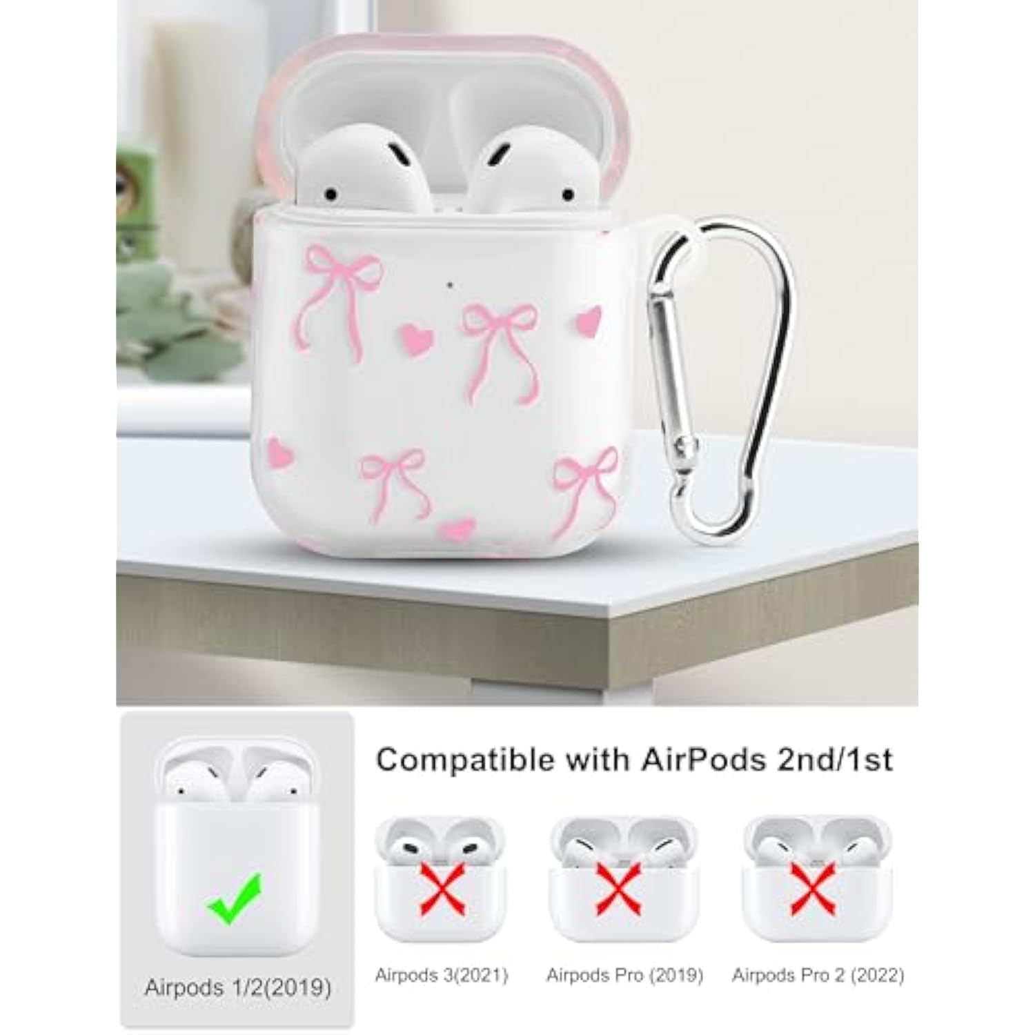 Compatible With Airpods 2Nd 1St Generation Case, Cute Big Bow Heart Aesthetic Design With Carabiner, Soft Tpu Skin Anti-Scratch Shockproof Protective Cover For Women Girls